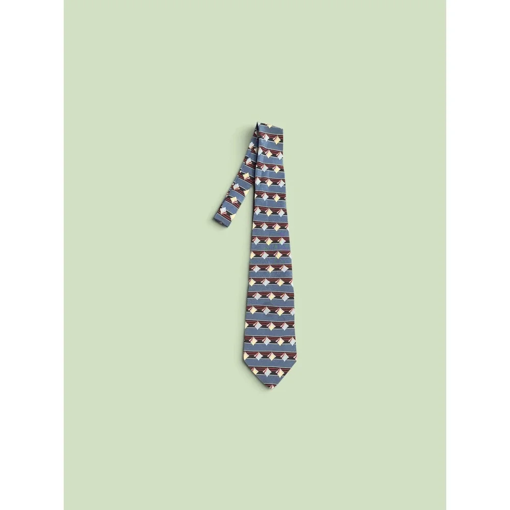 Henry Grethel Mens Silk Necktie Blue Geometric Diamond Stripe Pattern Tie